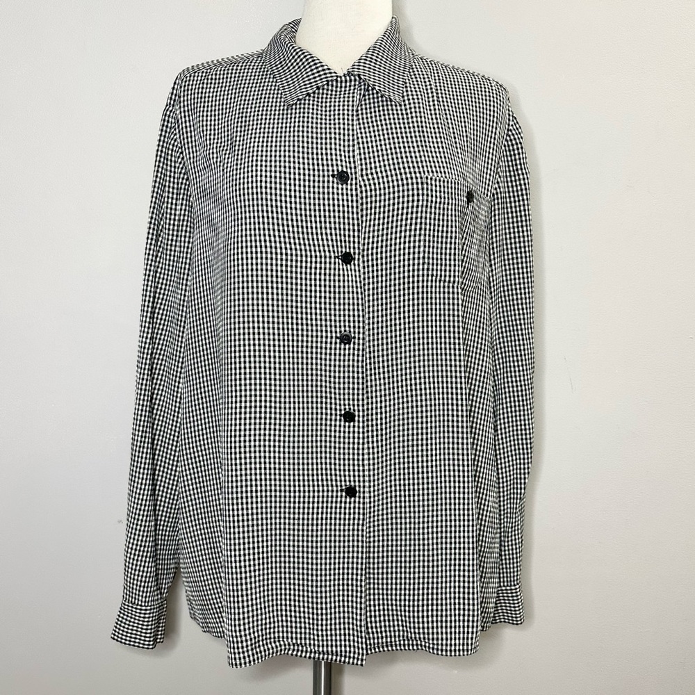 Due Per Due Gingham Long Sleeve Button Front Blouse Black White Size 16